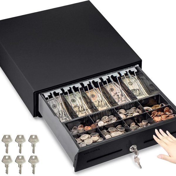 Volcora 16" Push Open Cash Register Drawer for Point of Sale (POS) System, Partial Removable Black