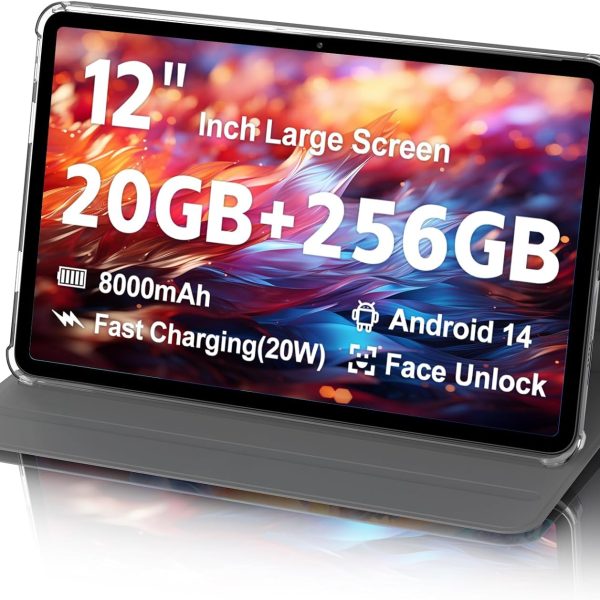 2025 Android Tablet, 12 inch Large Screen Tablet with Case, 20GB RAM 256GB ROM, T616 2000x1200 Touch Screen, 5MP+15MP Dual Camera, Type-C Port, Support 18W Fast Charge, 8000mAh Battery, Metal Grey